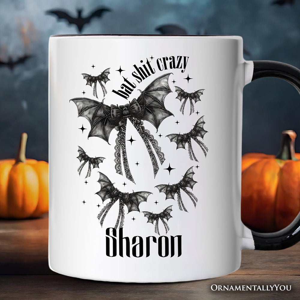 Bat Shit Crazy Coquette Bats Personalized Mug, Funny Halloween Gift with Custom Name