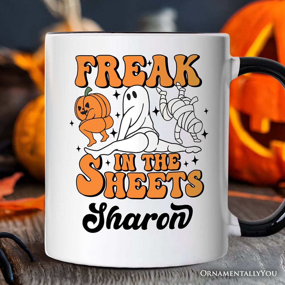 Freak in the Sheets Ghost Personalized Mug, Naughty Halloween Gift with Custom Name