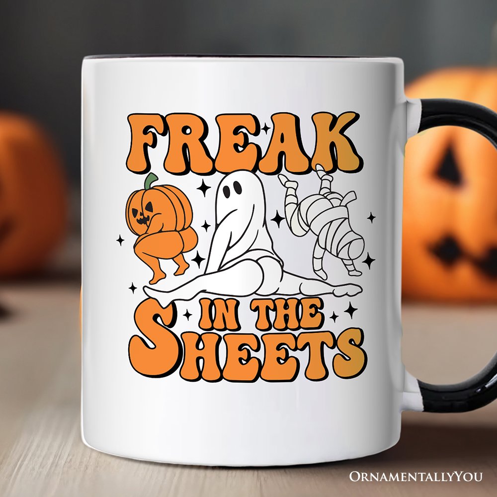 Freak in the Sheets Ghost Personalized Mug, Naughty Halloween Gift with Custom Name