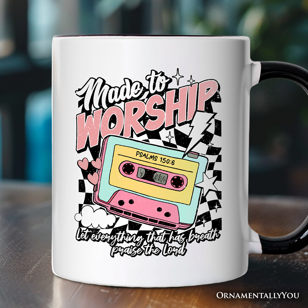 Made to Worship Christian Retro Personalized Mug, Psalm 150:6 Bible Verse Gift with Custom Name