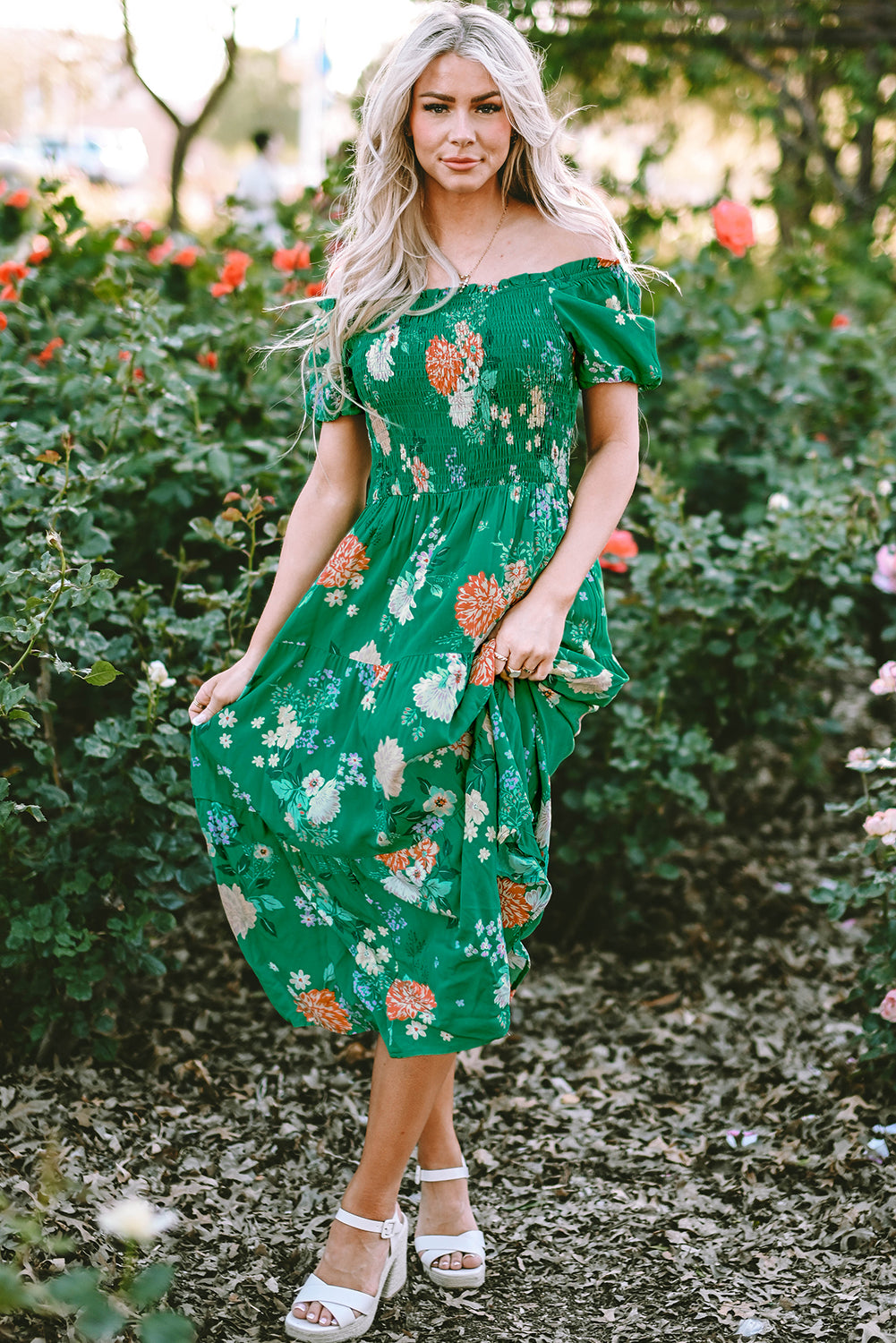 Kailany Floral Bubble Sleeve Smocked Tiered Midi Dress