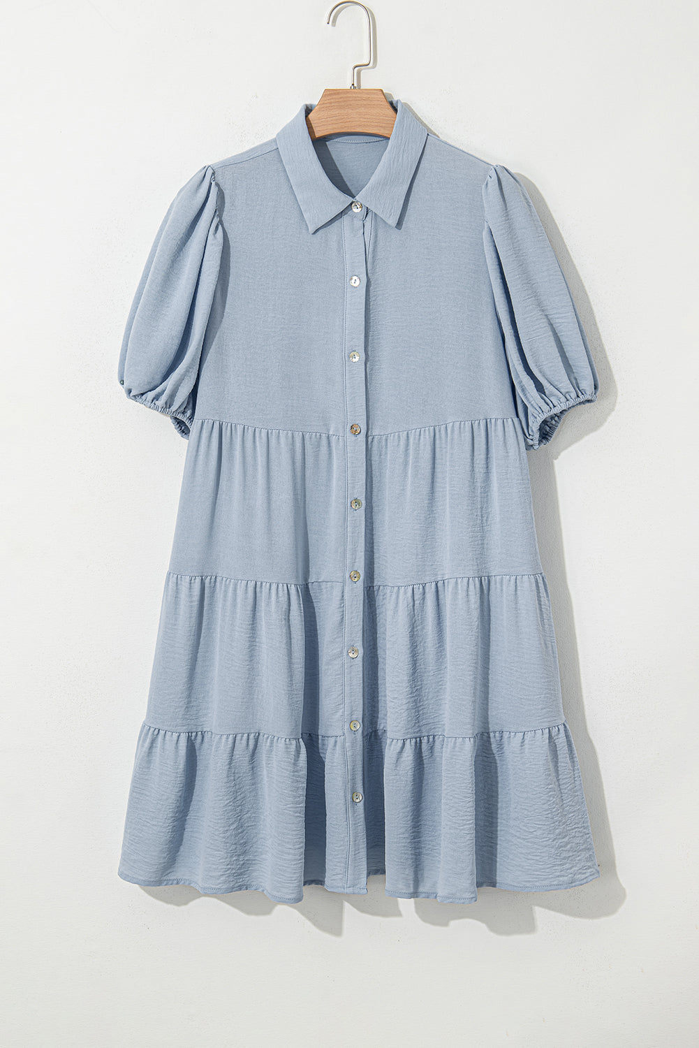Arya Shirt Collar Button Up Puff Sleeve Tiered Dress