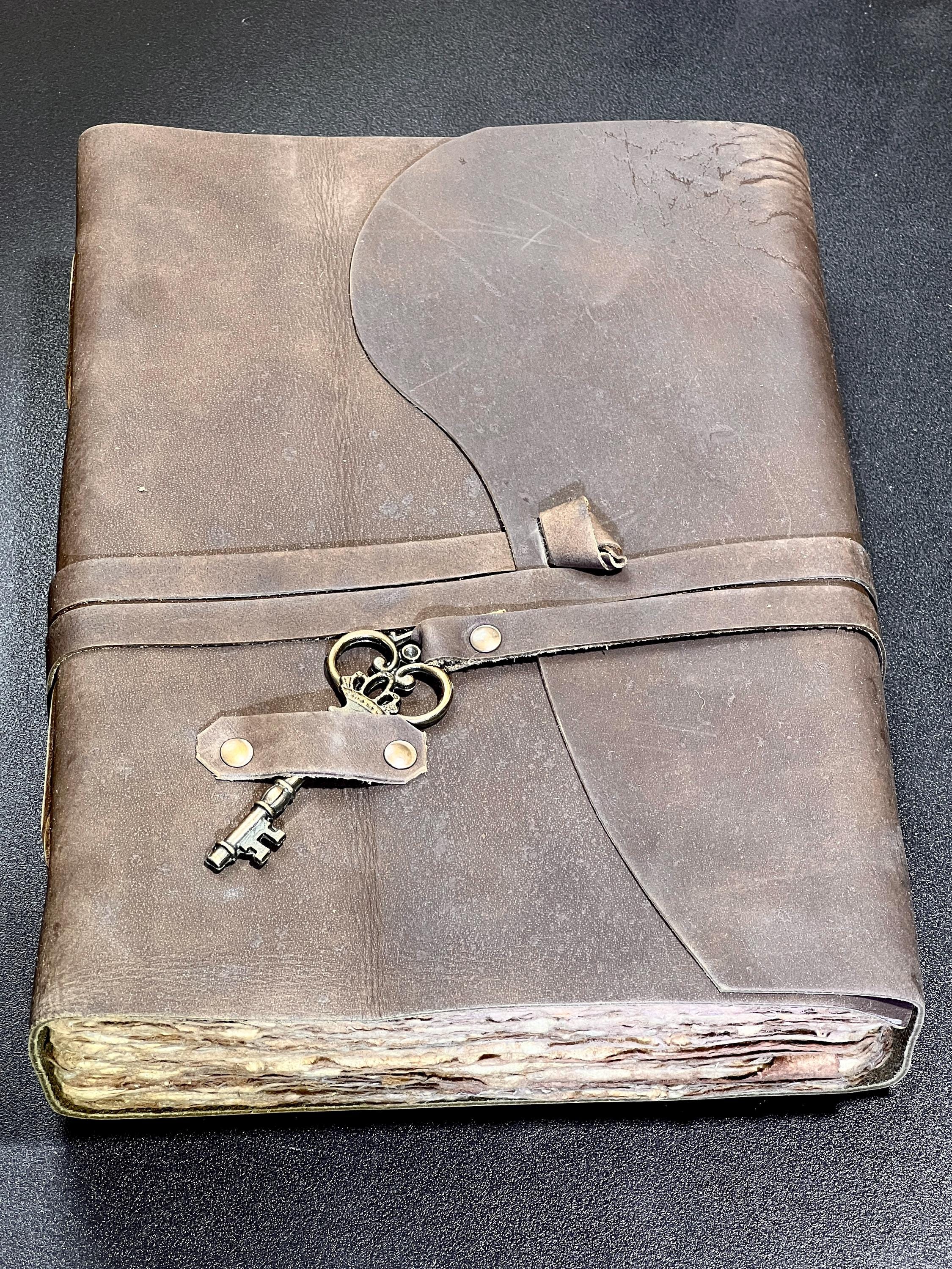 Large Rustic Brown Leather Bound 100 Page Sketchbook Notebook Key Carving