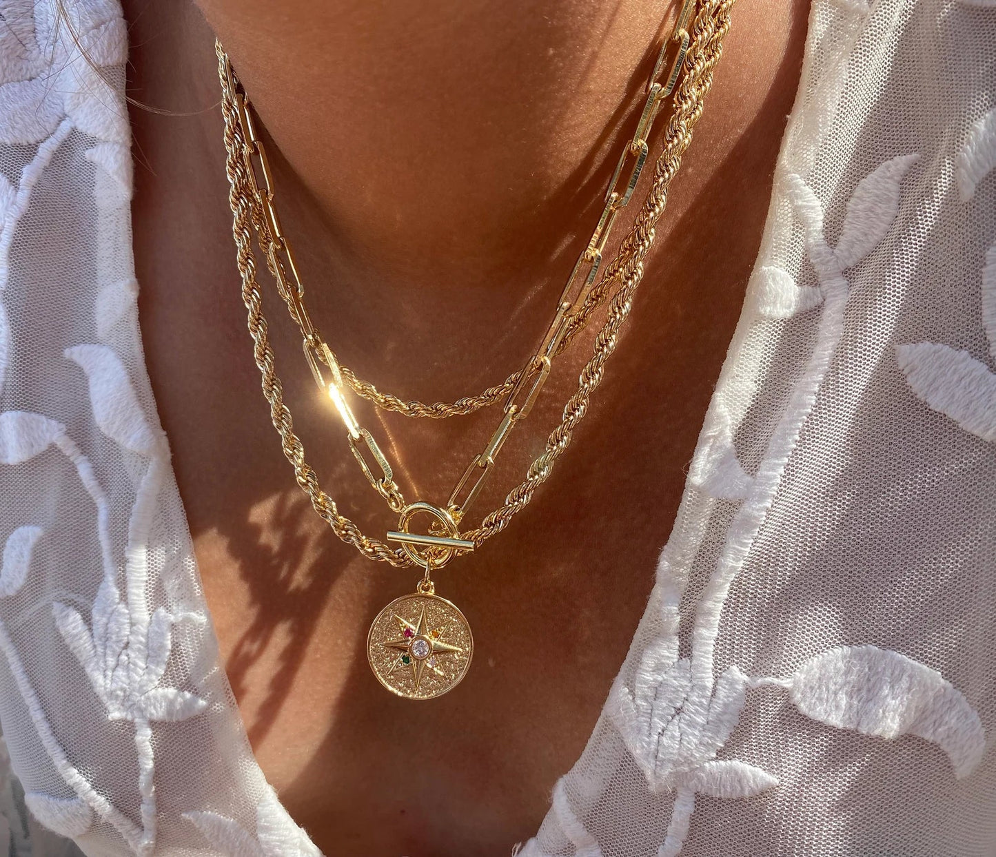 Toggle Chain Zirconia Compass Pendant