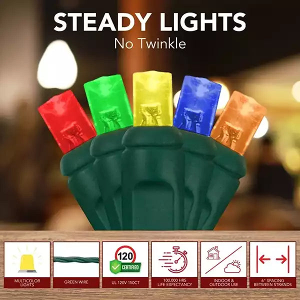 LED Mini Lights 5MM Multicolor Green Wire 6" Spacing
