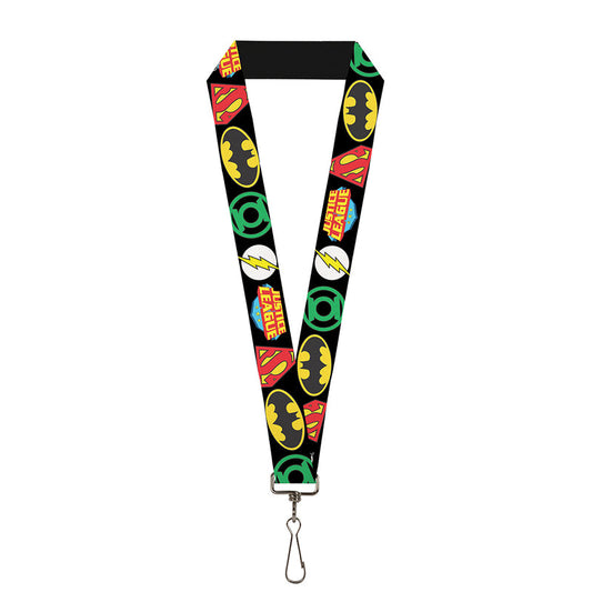 LANYARD - 1.0" - JUSTICE LEAGUE SUPERHERO LOGOS CLOSE-UP BLACK