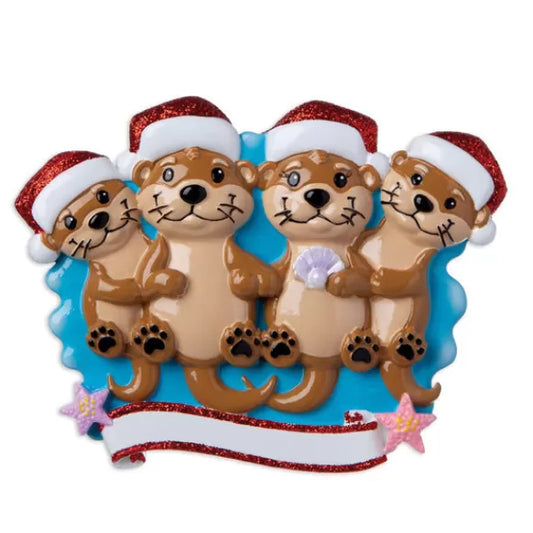 Otter Family of 4 Personalized Christmas Ornament