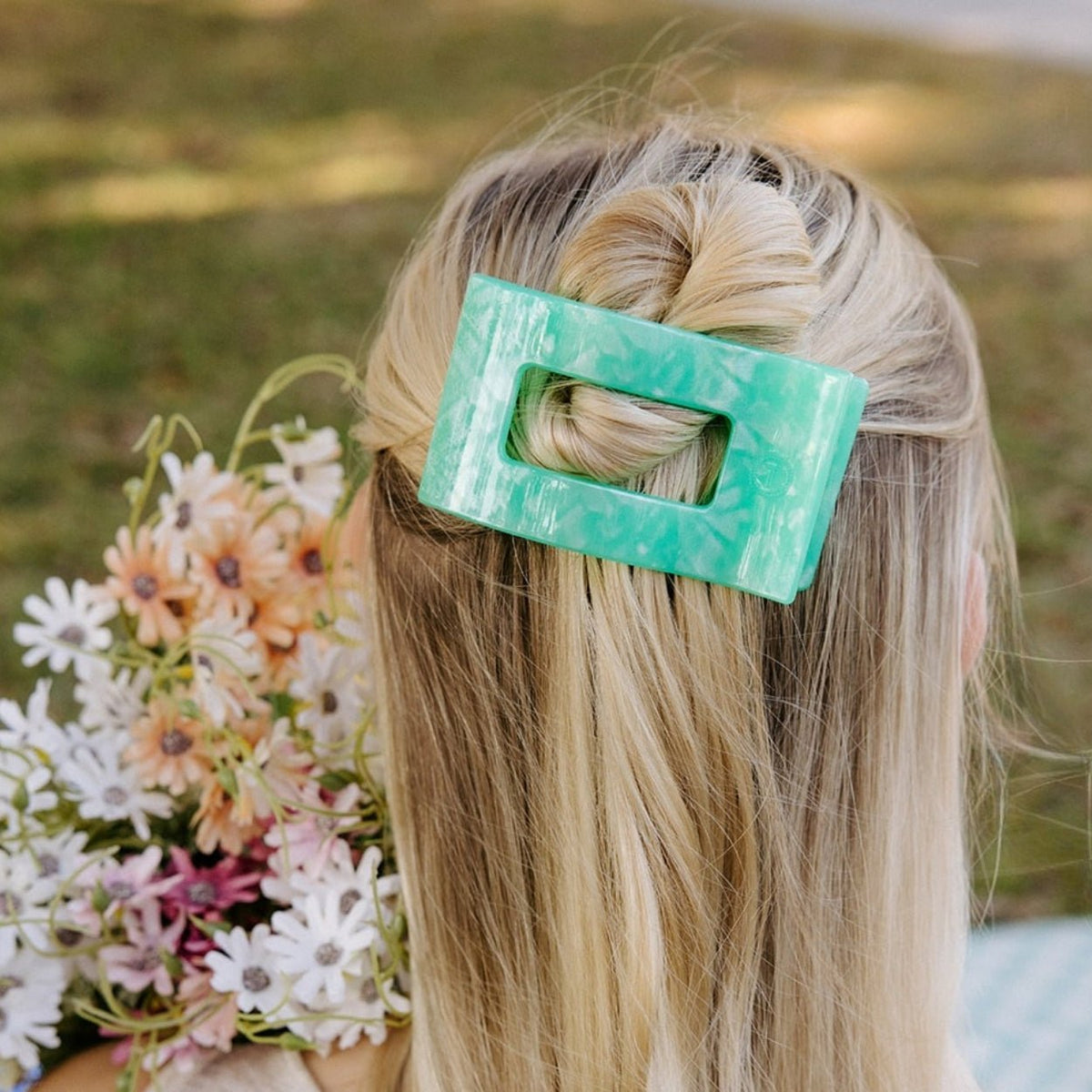Spring Splash Medium Flat Rectangle Hair Clip | TELETIES 3.75" Nearly Unbreakable Green Claw Clip